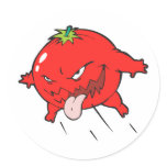 angry rotten tomato cartoon character round sticker