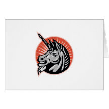 Angry Unicorn Head Retro Woodcut Greeting Card