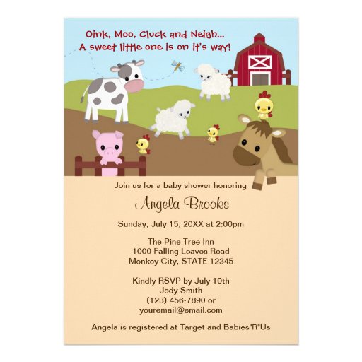 Animal Acres Farm Animal Baby Shower NEUTRAL AAK Custom Announcements (front side)