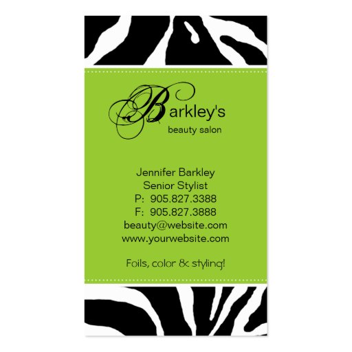 Animal Business Card Zebra Beauty Salon Lime Green (back side)