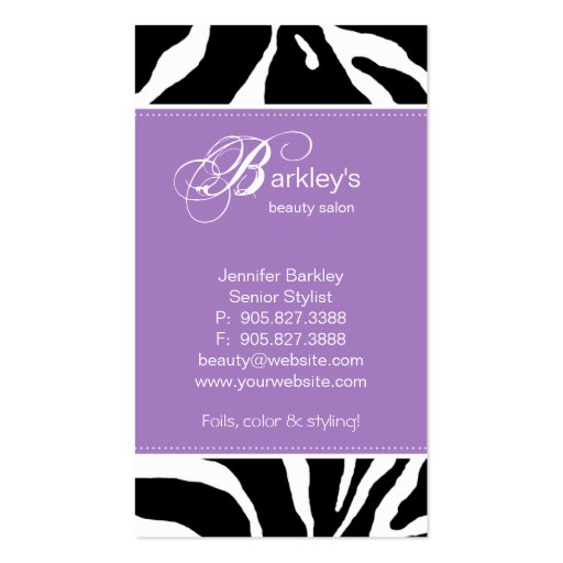 Animal Business Card Zebra Beauty Salon Purple (back side)