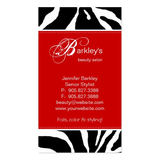 Animal Business Card Zebra Beauty Salon Red (back side)