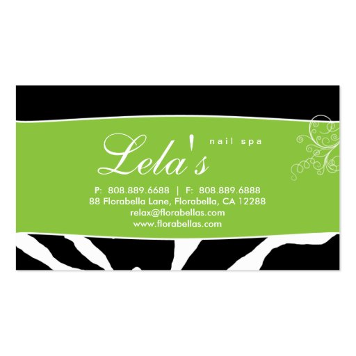 Animal Business Card Zebra Nail Salon Swirl Lime (back side)