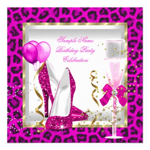 Animal Hot Pink Gold Glitter Heels Birthday Party Custom Invitations