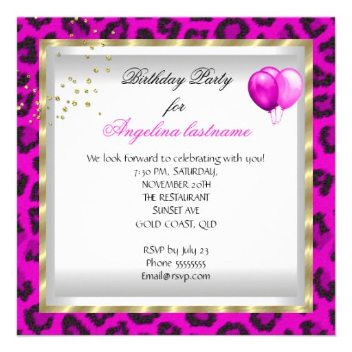 Animal Hot Pink Gold Glitter Heels Birthday Party Custom Invitations