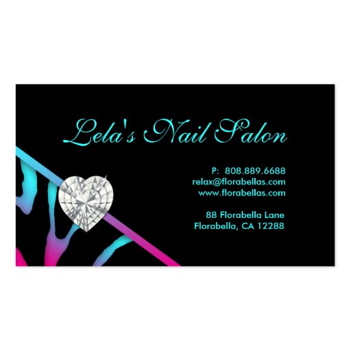 Animal Jewels Heart Zebra Nails Salon Blue Pink Business Card Templates (back side)