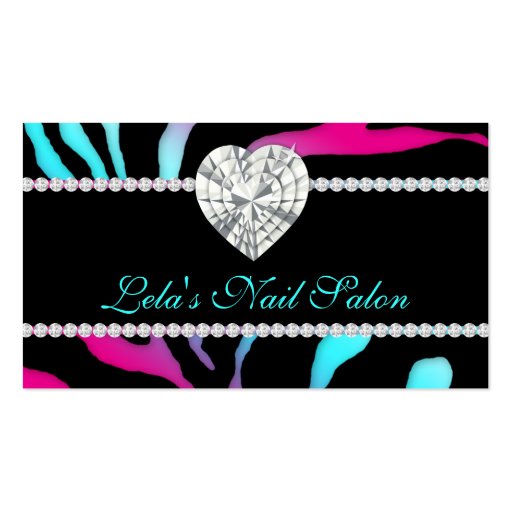 Animal Jewels Heart Zebra Nails Salon Blue Pink Business Card Templates (front side)