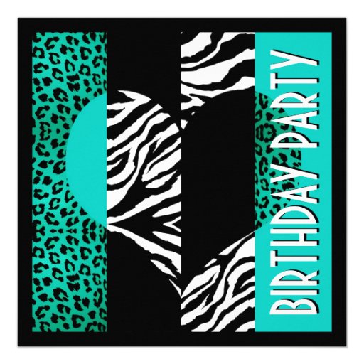 Animal Print Aqua Blue Leopard Black & White Zebra Personalized Invite