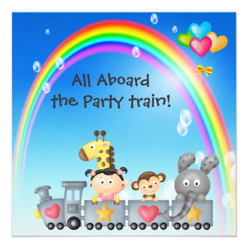 Animals, Girl, Train & Rainbow Birthday Party Custom Invitation