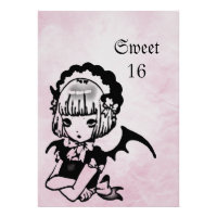 Anime Bat Girl Goth Fantasy Sweet 16 Birthday Personalized Announcements