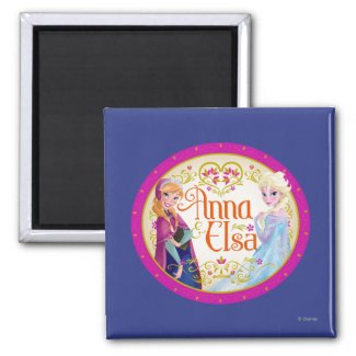 Anna and Elsa with Floral Frame Refrigerator Magnets