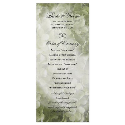 Annabelle Hydrangea Wedding Program Customized Rack Card by loraseverson