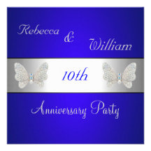 Anniversary 10th Elegant Cobalt & Silver Butterfly Custom Invites