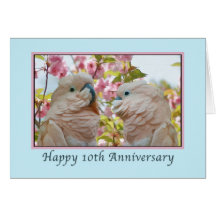 Anniversary, 10th,  Parrots and Crab Apple Blossom Greeting Cards