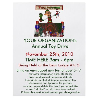 Annual Toy Drive Flier with cute elf  toy auction Flyer by SusansZooCrew