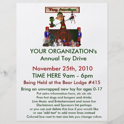 Annual Toy Drive Flier with cute elf toy auction flyer