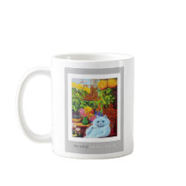 Anthropomorphic White Cat Sitting by Yellow Flower Mug