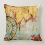 Antiquarian Map Compass & Poppies Pillow