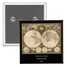 Antique 1660 World Map by Frederick de Wit Pinback Buttons
