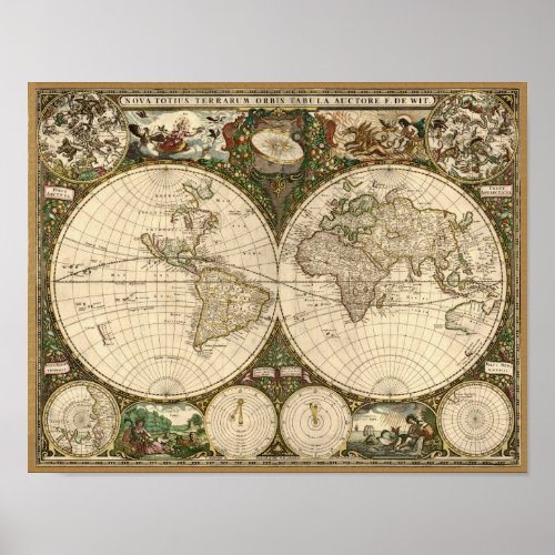 Antique 1660 World Map by Frederick de Wit print