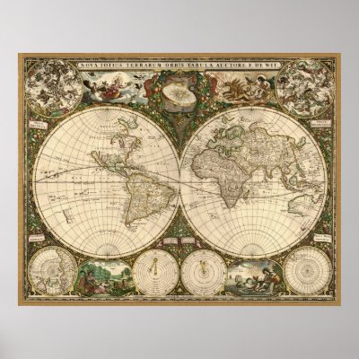 Antique 1660 World Map by Frederick de Wit Print by ZephyrusBooks