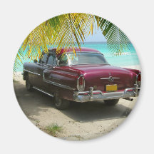 Antique car in Cuba beach Fridge Magnets