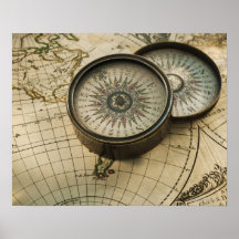 Antique compass on map poster