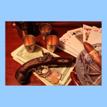 Antique derringer pistol in gambling set up posters