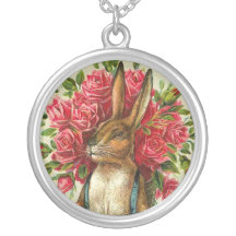 Antique Easter Bunny & Roses Post Card Pendants