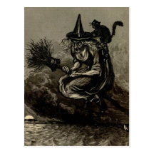 Antique Engraving Witch on Broom Post Cards
