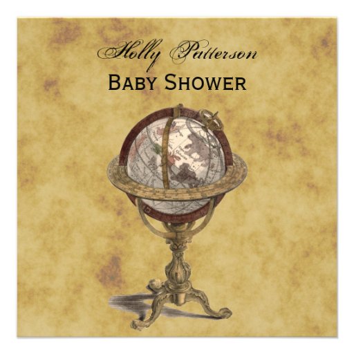Antique Globe, Distressed BG SQ Baby Shower Invites