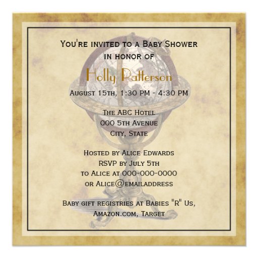 Antique Globe, Distressed BG SQ Baby Shower Invites