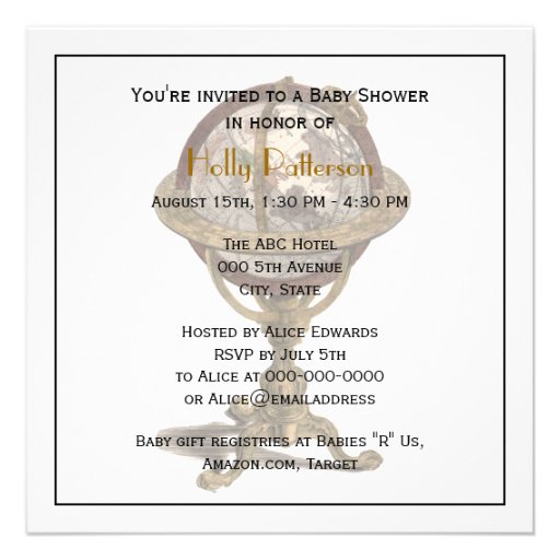 Antique Globe, White BG SQ Baby Shower Personalized Invites