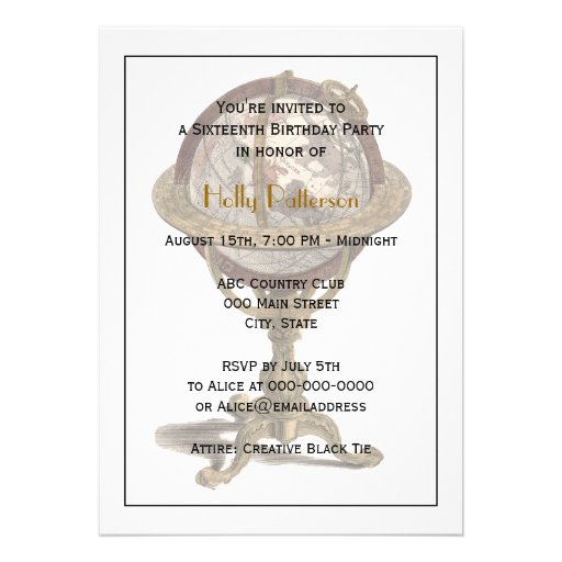 Antique Globe, White BG V Sweet 16 Personalized Invite