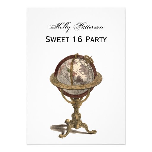 Antique Globe, White BG V Sweet 16 Personalized Invite