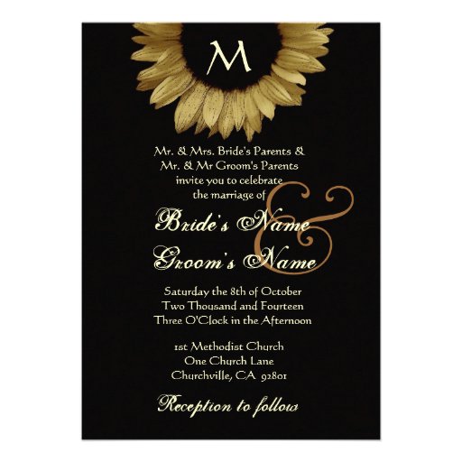 Antique Gold Colored Sunflower Wedding Custom Invites (front side)