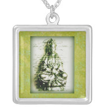 Antique Green Kwan Yin button Pendant