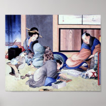 Antique Japanese Merchant and Geisha Watercolor Print