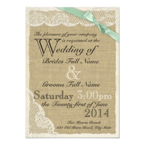 Antique Lace and Mint Bow Country Wedding 5x7 Paper Invitation Card