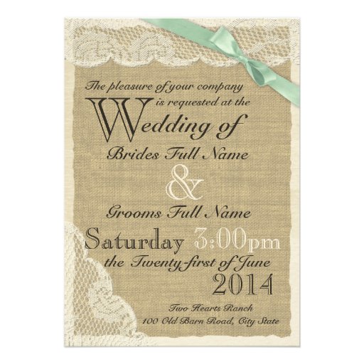 Antique Lace and Mint Bow Country Wedding Invites