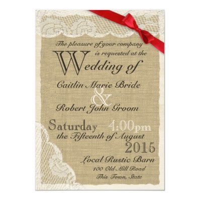 Antique Lace Red Bow Country Wedding Invitation