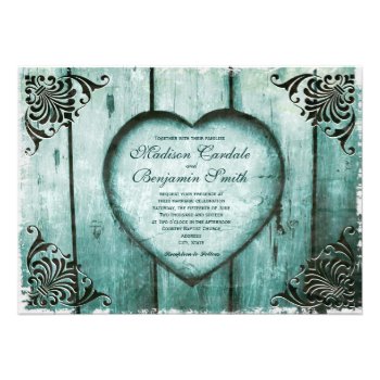 Antique Look Aqua Heart on Wood Wedding Invitation Custom Invitation