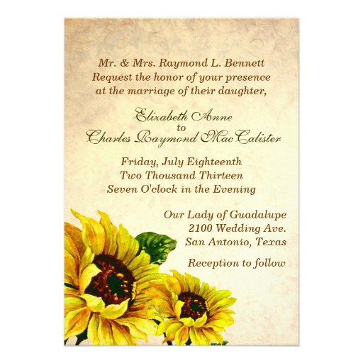 Antique Look Sunflowers Wedding Invitation