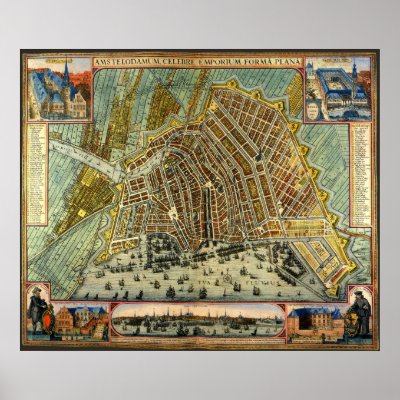 Vintage illustration antique world map featuring a town map of Amsterdam,