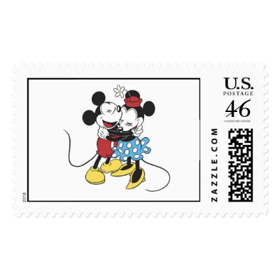 Antique Mickey and Minnie Mouse hugging laughing postage