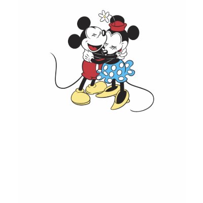 Antique Mickey and Minnie Mouse hugging laughing t-shirts