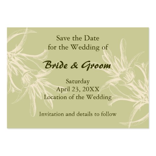 Antique Olive Floral Save the Date Business Card Template (back side)