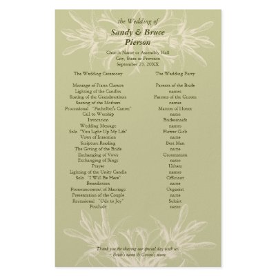 Antique Olive Floral Wedding Program Personalized Stationery by BotanicalArt