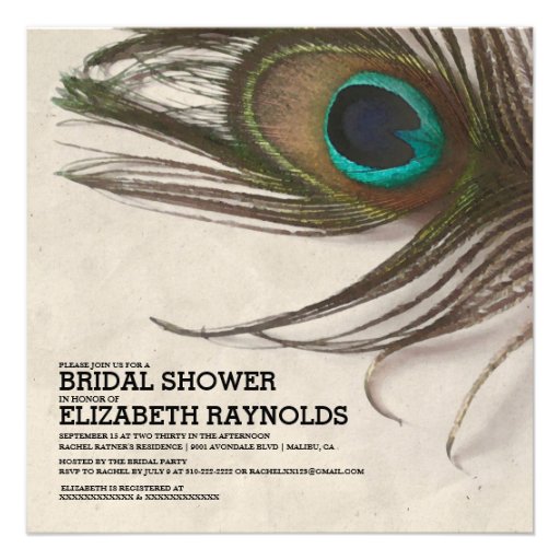 Antique Peacock Feathers Bridal Shower Invitations