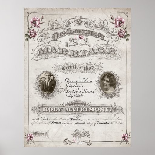 Antique Pink Roses Vintage Marriage Certificate Poster Zazzle